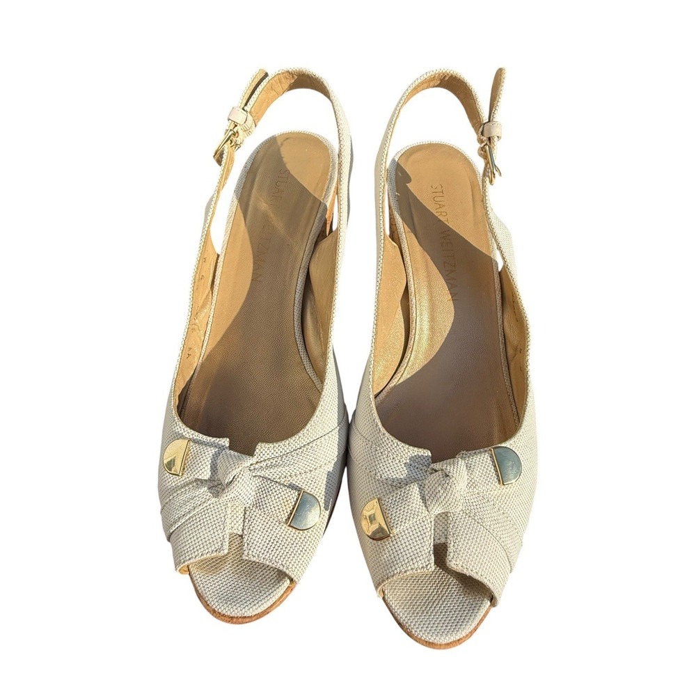 Stuart Weitzman White Slingback Espadrille Wedge Sandal Heel Peep Toe Size 9